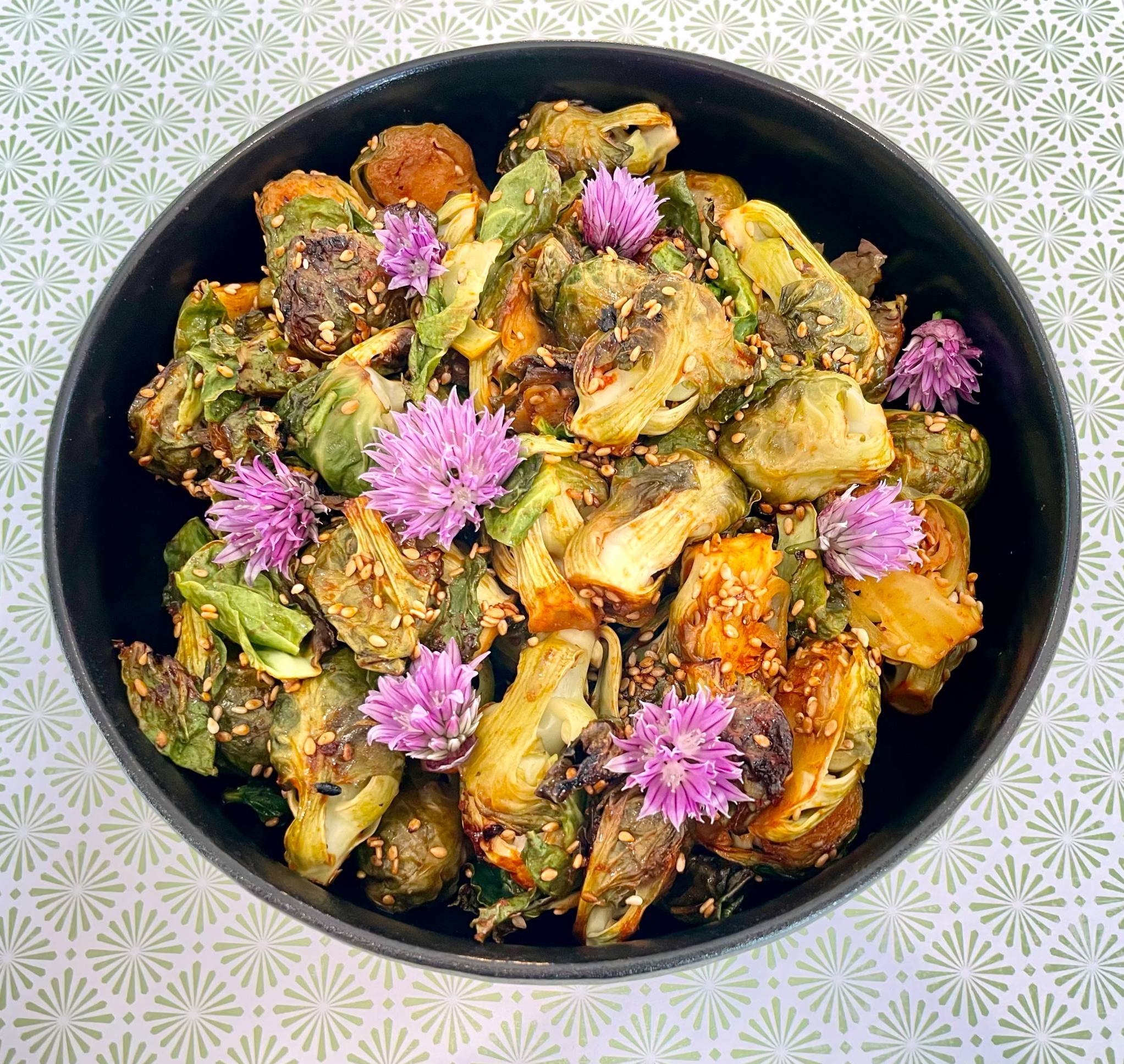 Roasted Brussels Sprouts Sweet Spicy Gochujang Maple Glaze Oil-Free