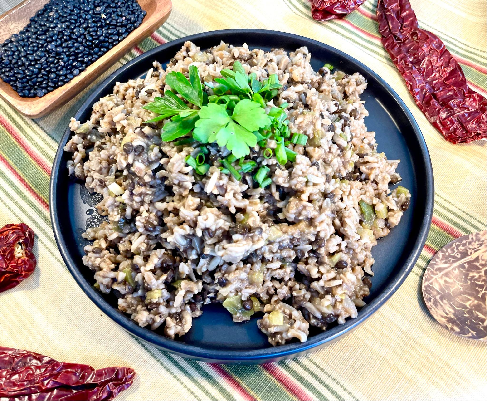 Vegan Dirty Rice ~ Black Beluga Lentils ~  TVP ~ Brown Rice ~ WFPB ~ Oil-Free