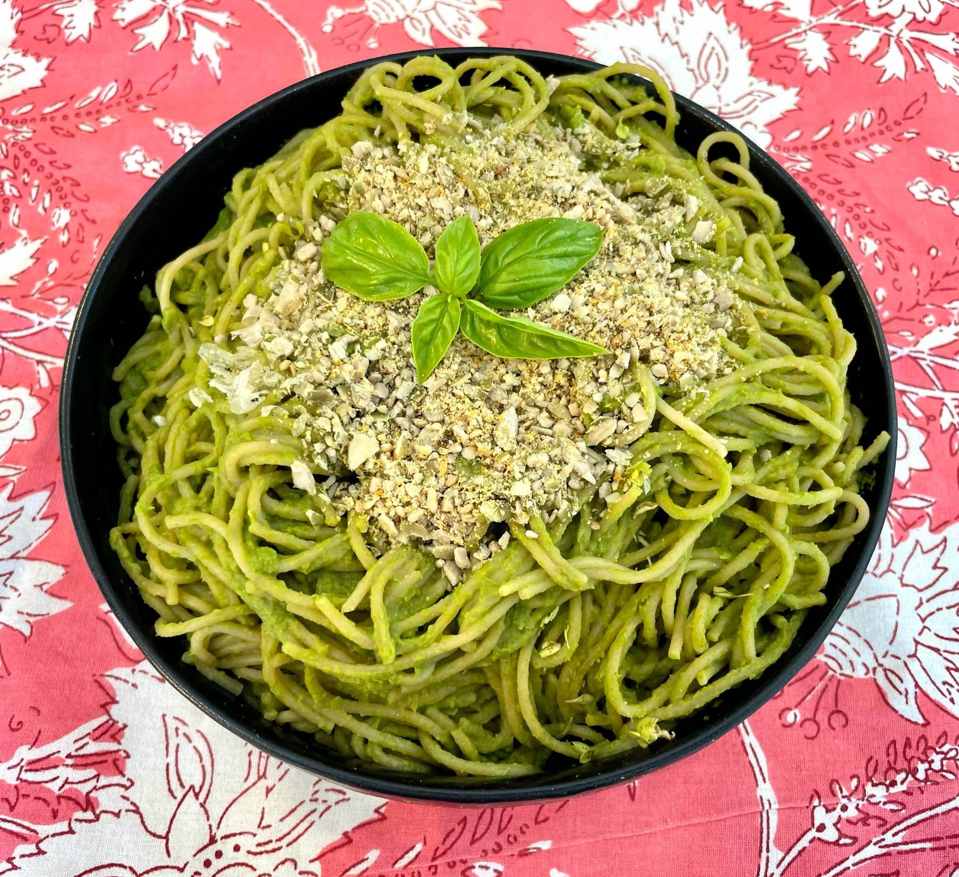 Arugula Basil Pea Pesto Pasta with Crunchy Topping ~ Vegan ~ Oil-Free ~ WFPB