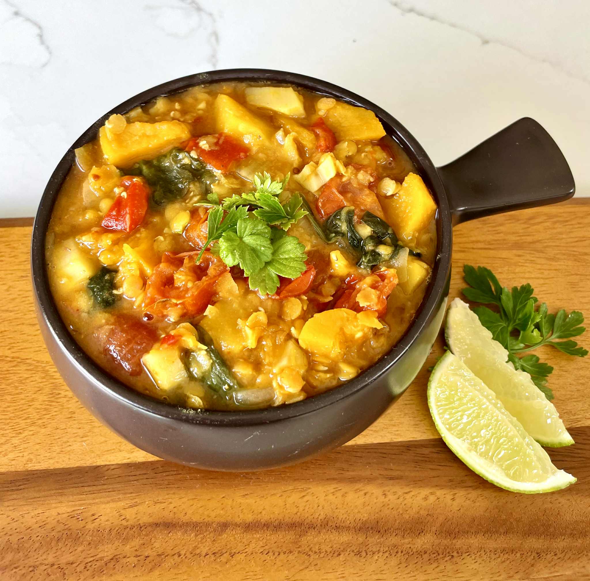 Vadouvan Red Lentil Curry with Cherry Tomatoes and Butternut Squash WFPBNO