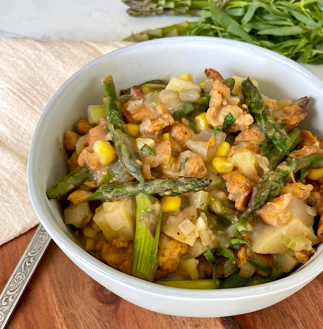 Asparagus Chick’n Corn Stew Oil-Free Vegan (made with soy curls)